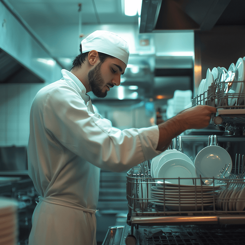 male dishwasher emptying a dishwashingmachine full of plates.